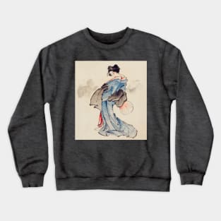 Woman, Full-Length Portrait, Standing, Facing Left, Holding Fan in Right Hand, Wearing Kimono with Check Design by Katsushika Hokusai (1760-1849) Crewneck Sweatshirt